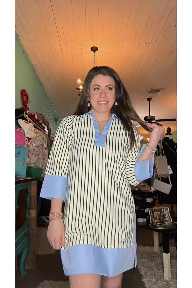 Entro Striped 3/4 Length Sleeve A-line Dress