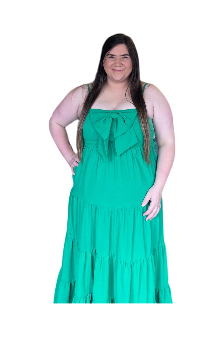 TCEC Green Tiered Midi Dress with Front Bow