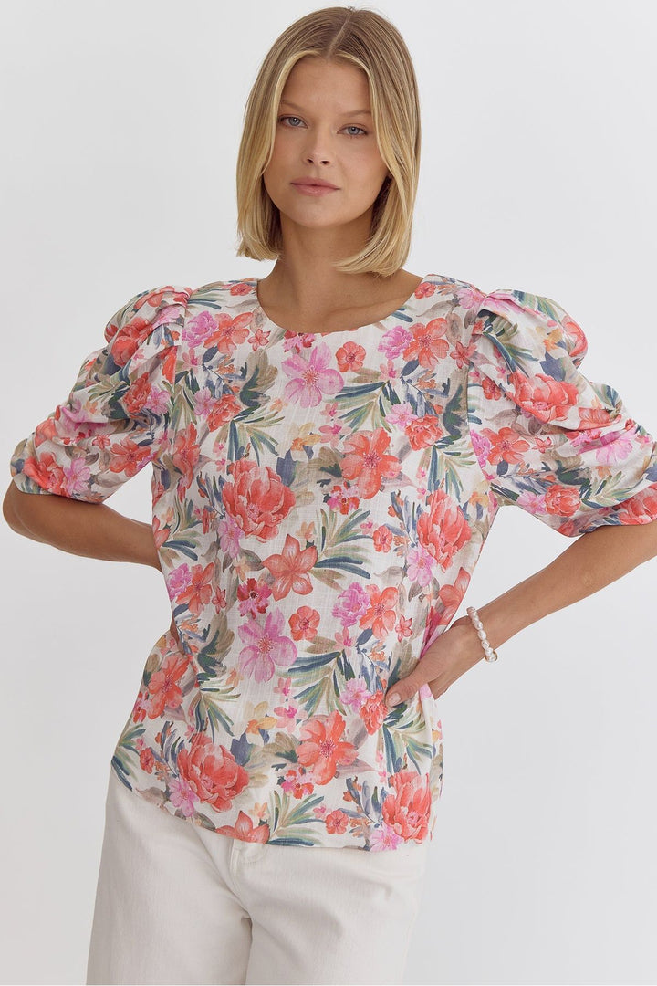 Floral Pattern Multicolored Puff Sleeve Top