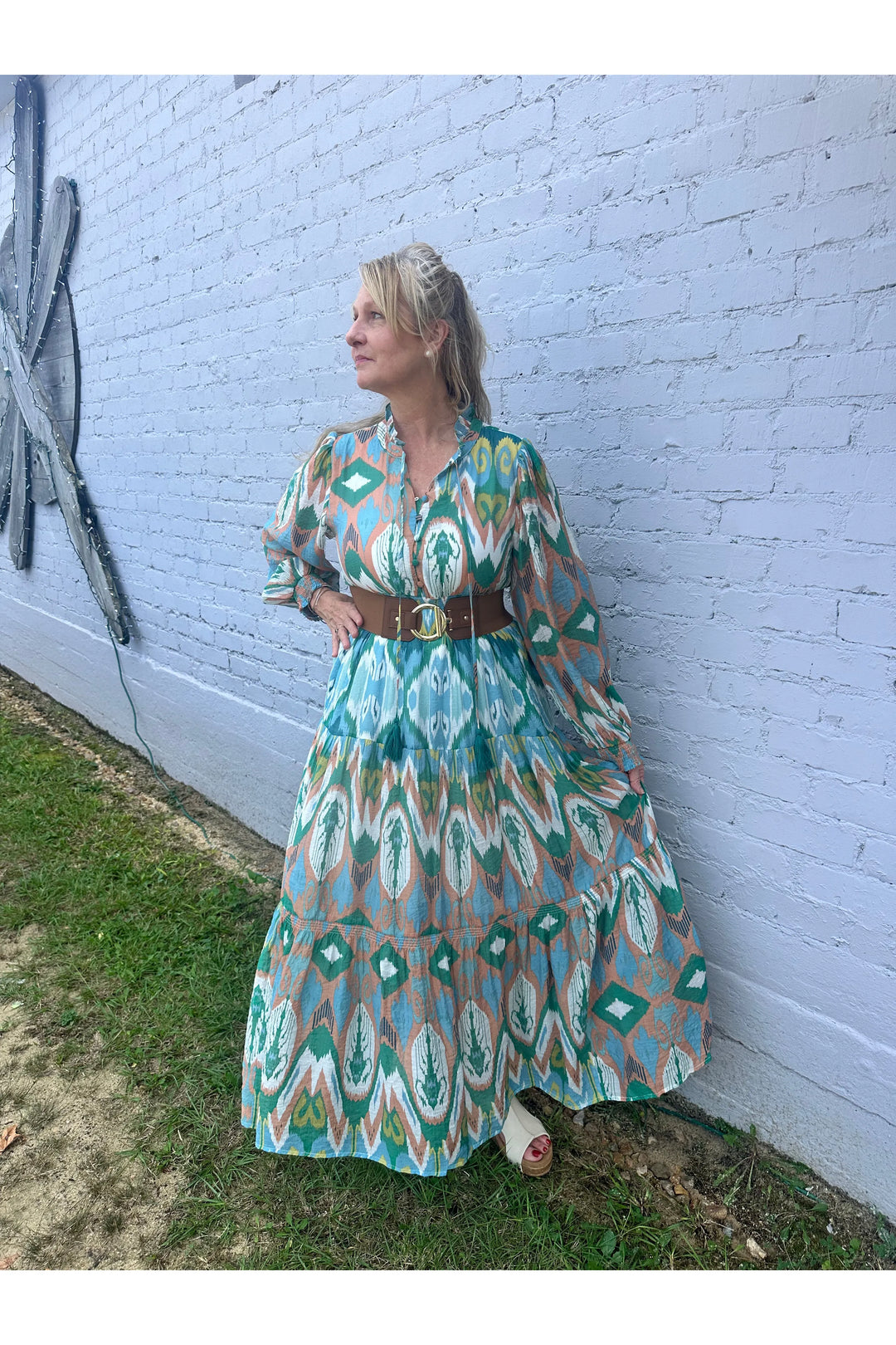 Green Mix Geometric Pattern Maxi Dress