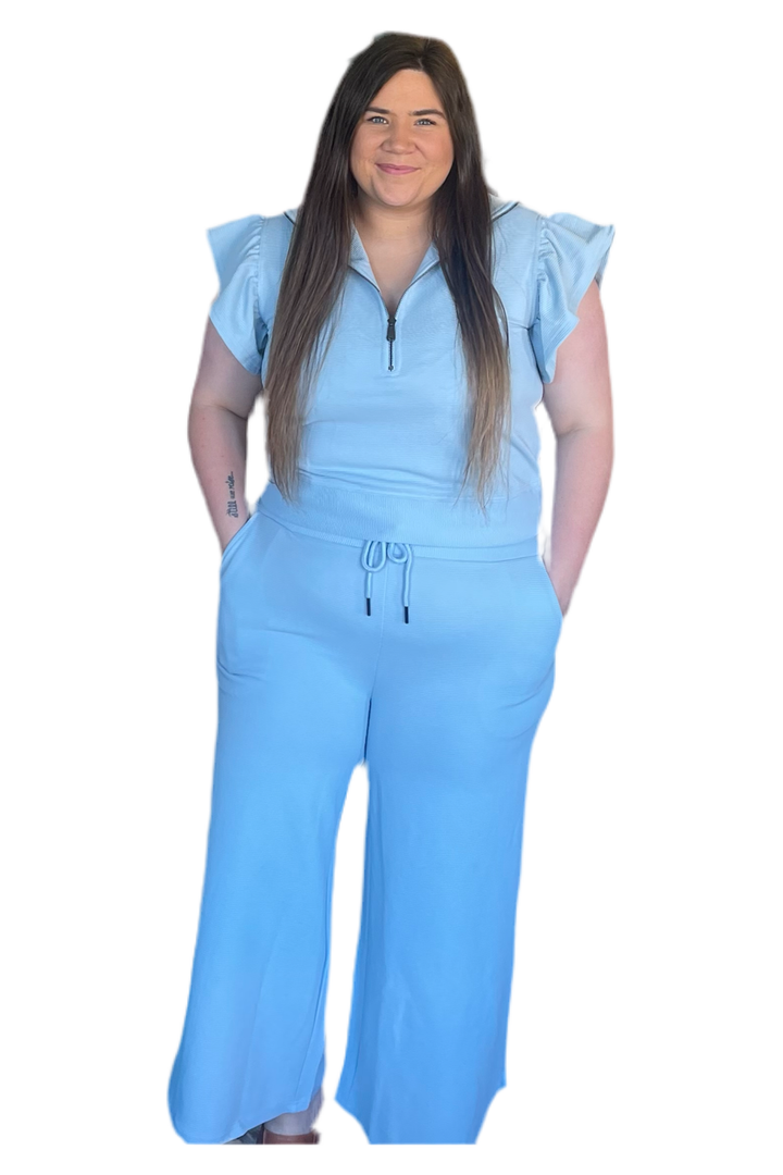 Entro Blue Flutter Sleeve Quarter Zip Pullover Top & Pants  Set