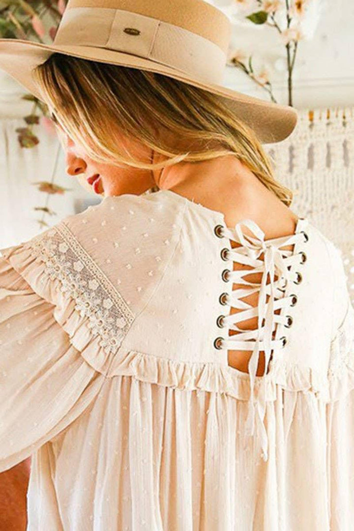Vine & Love - Lace-up back detail swiss dot patterned blouse - Vintage Dragonfly Boutique