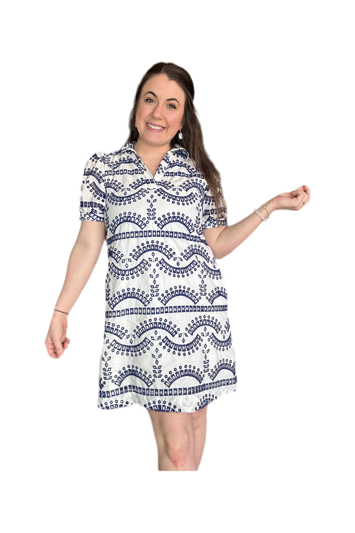 Jodifl Geometric Pattern Dress with Short Puff Sleeves