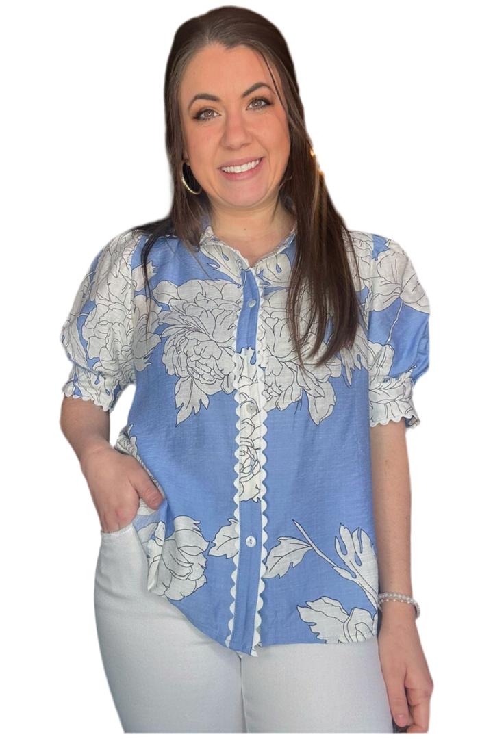 Entro Blue and White Patterned Short Sleeve Top