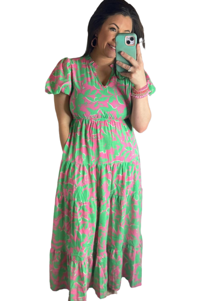 Pink and Green Floral Print Tiered Midi Dress - Vintage Dragonfly Boutique
