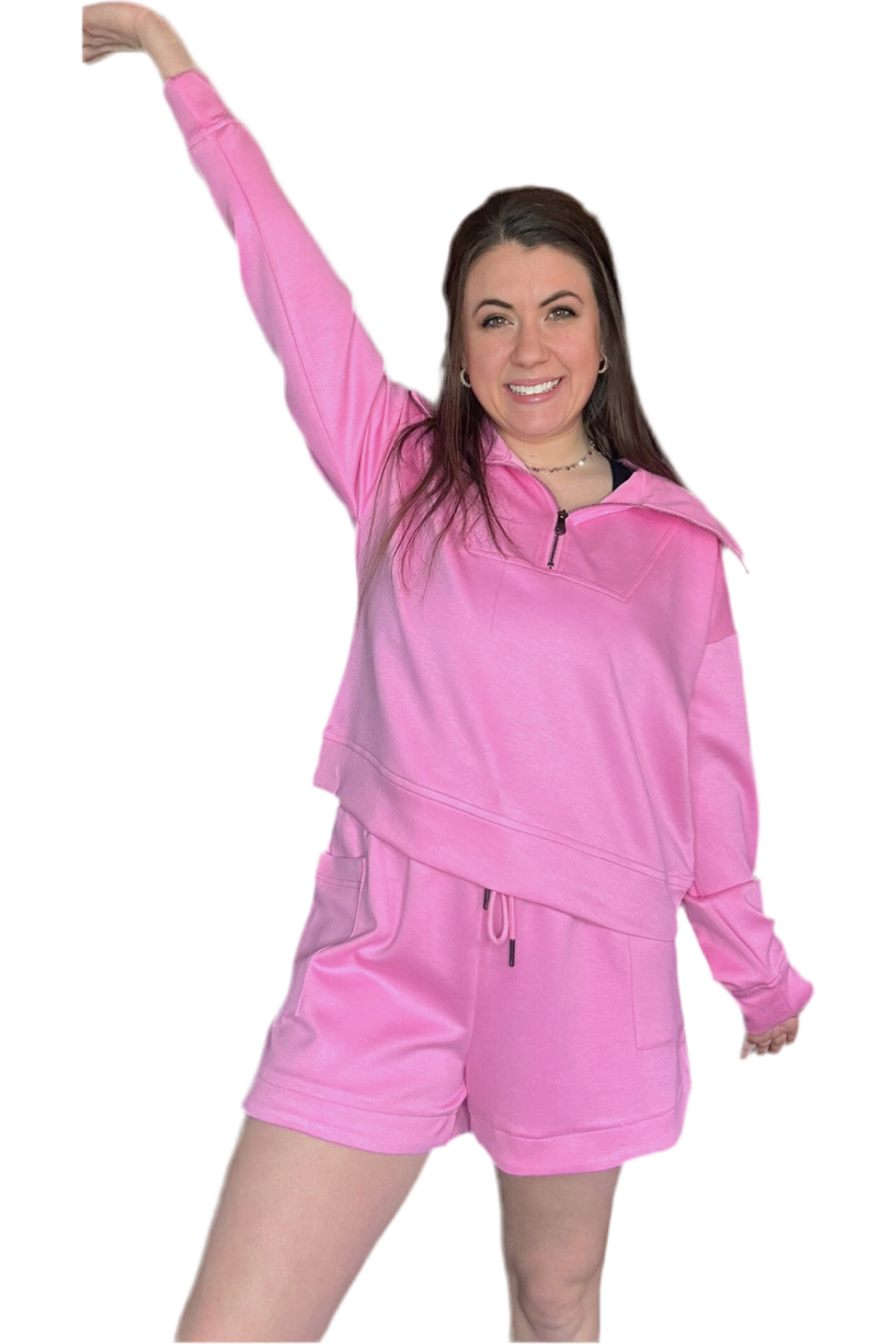 Entro Pink Quarter Zip Pullover Top & Shorts Set