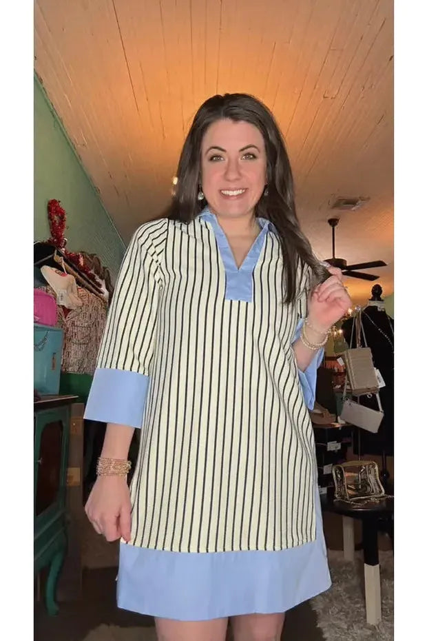 Entro Striped 3/4 Length Sleeve A-line Dress