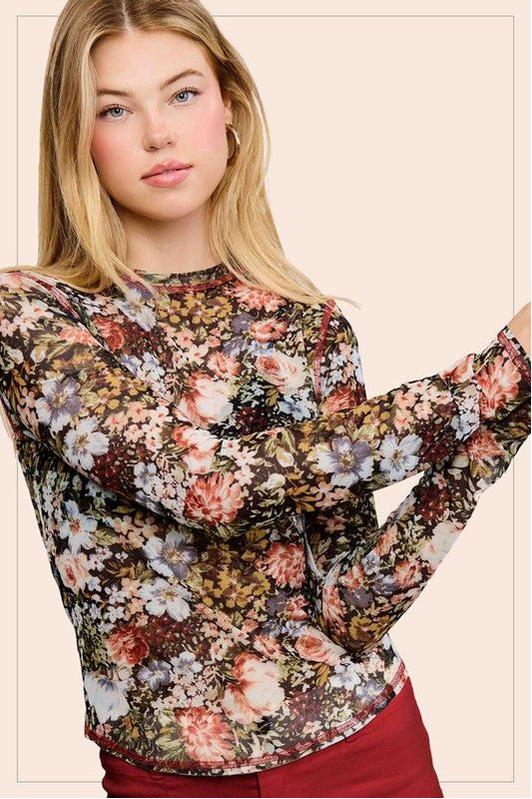 Semi Sheer Long Sleeve Floral Pattern Mesh Crew Neck Top