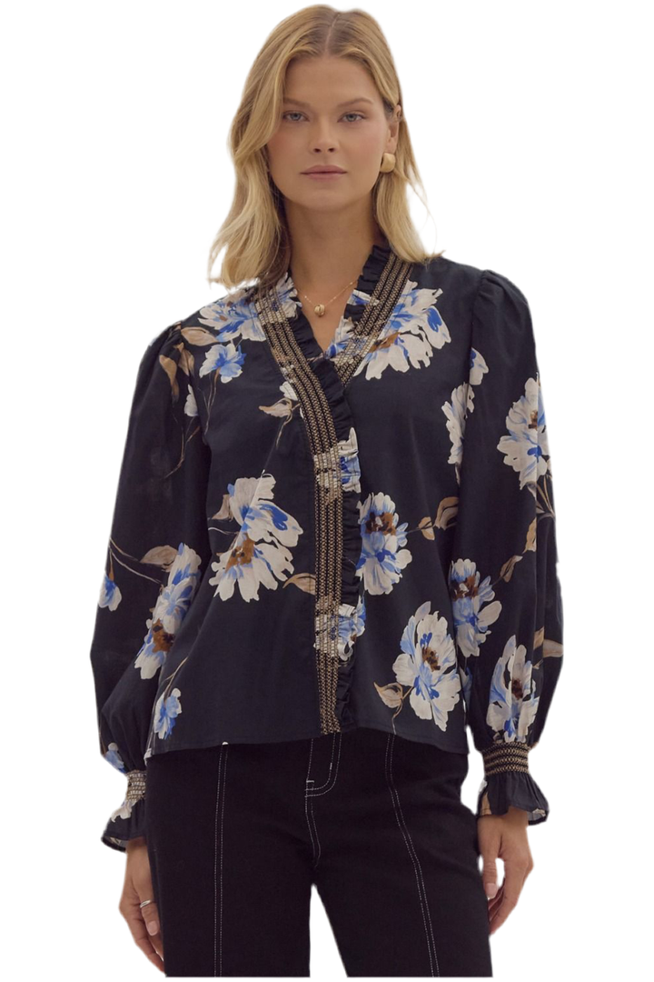 Black Floral Print Vneck Top