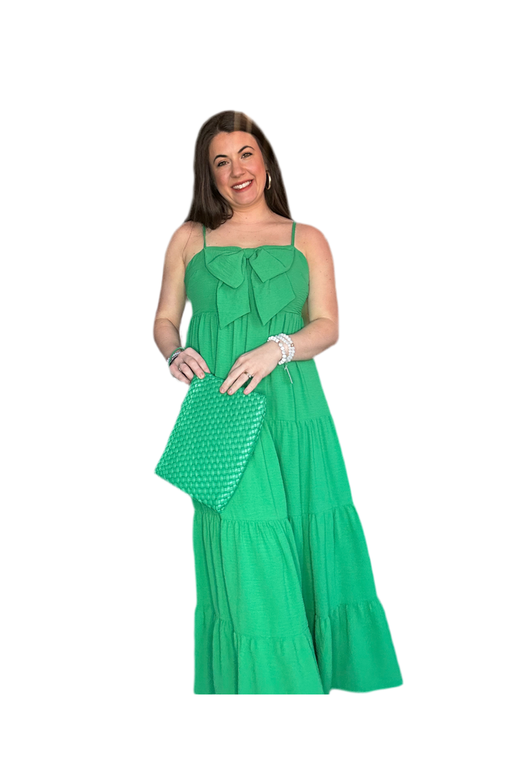 TCEC Green Tiered Midi Dress with Front Bow