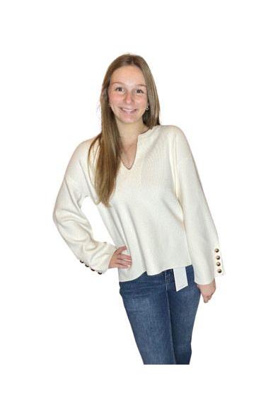 Cream Split Neck Long Sleeve Sweater