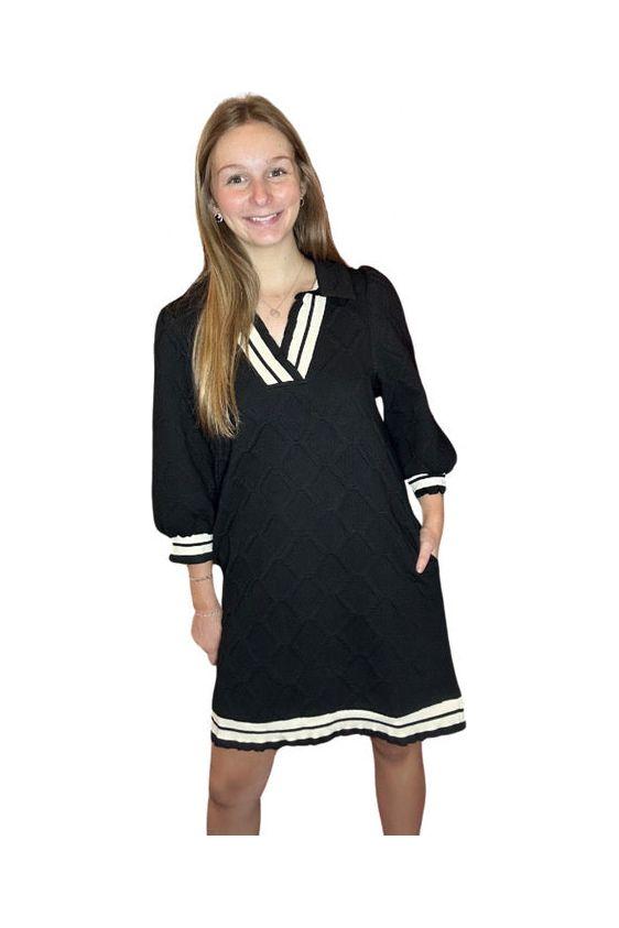 Black 3/4 Length Puff Sleeve V-neck Mini Dress