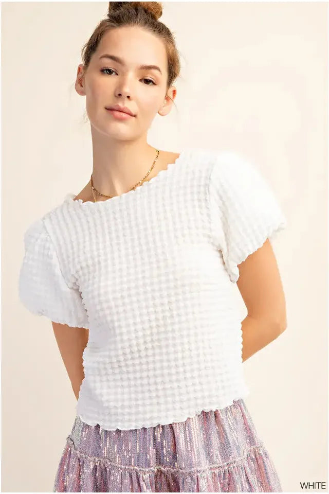 Kori - White Short Bubble Sleeve Top - Vintage Dragonfly Boutique