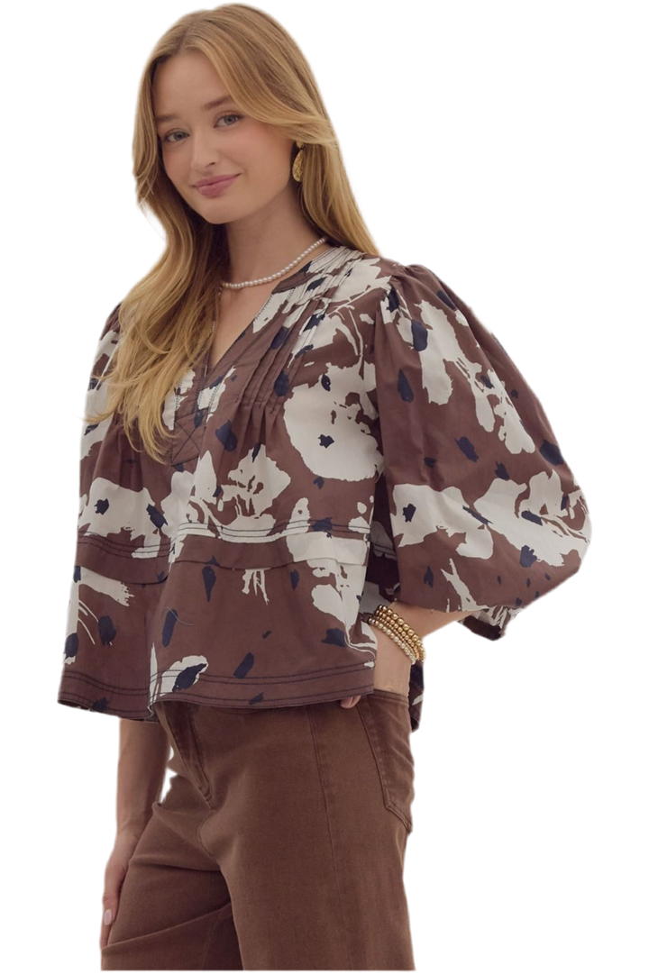 Espresso Printed Vneck Puff Sleeve Top