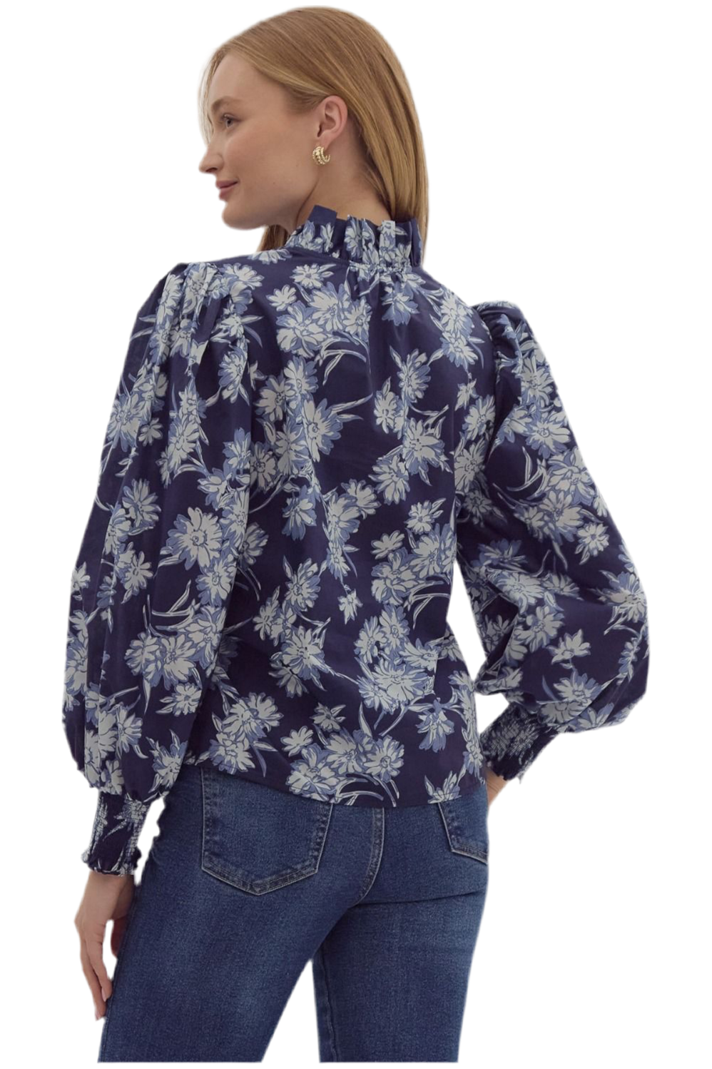 Navy Floral Print Poplin Top