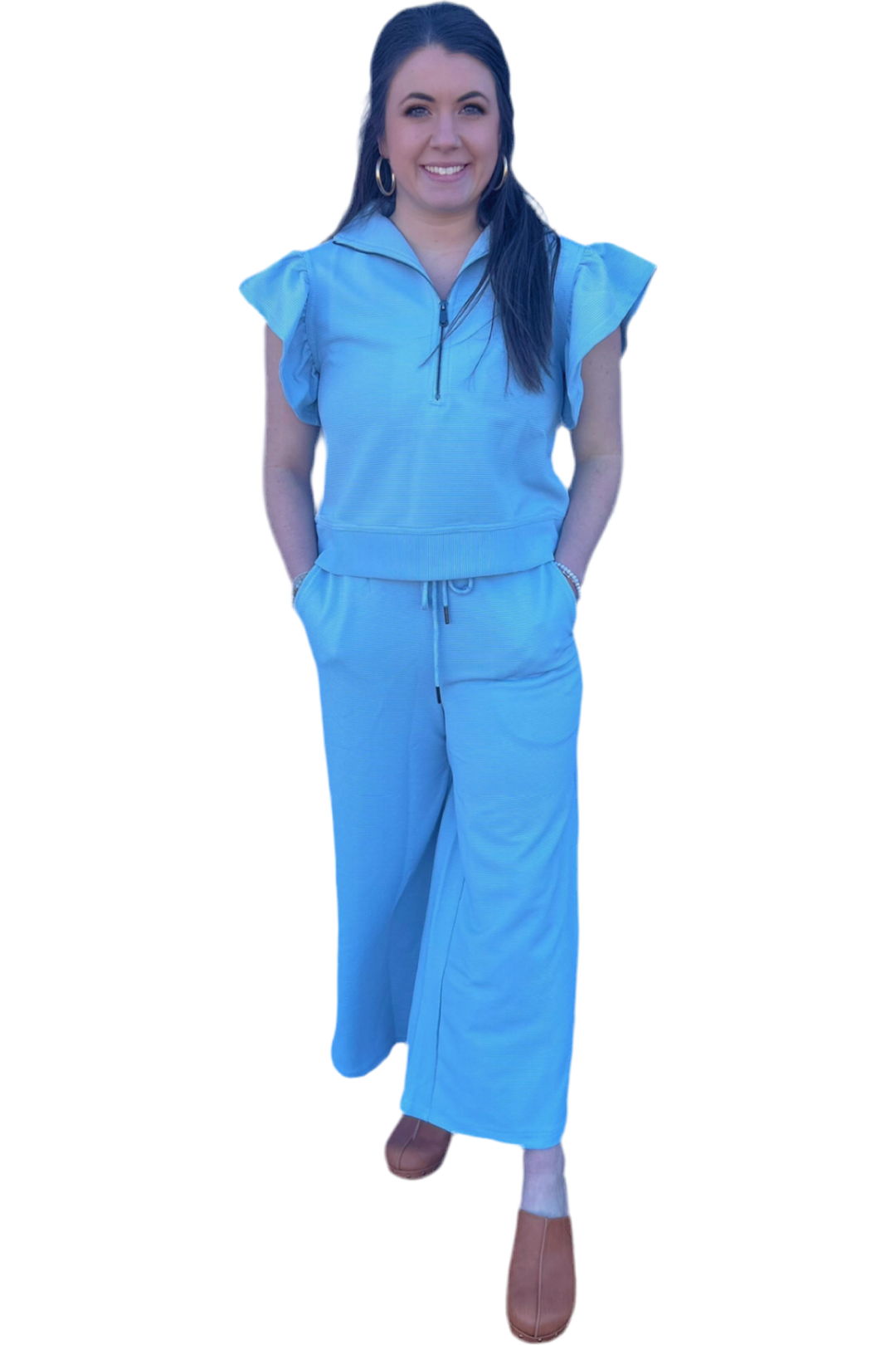 Entro Blue Flutter Sleeve Quarter Zip Pullover Top & Pants  Set