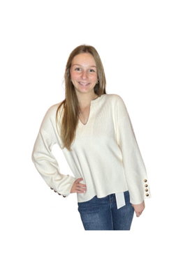 Cream Split Neck Long Sleeve Sweater