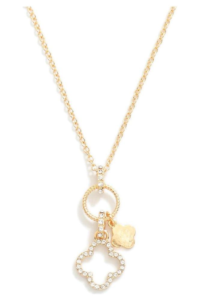 Dainty Gold Chain Link Necklace with Rhinestone Clover Charm Pendant