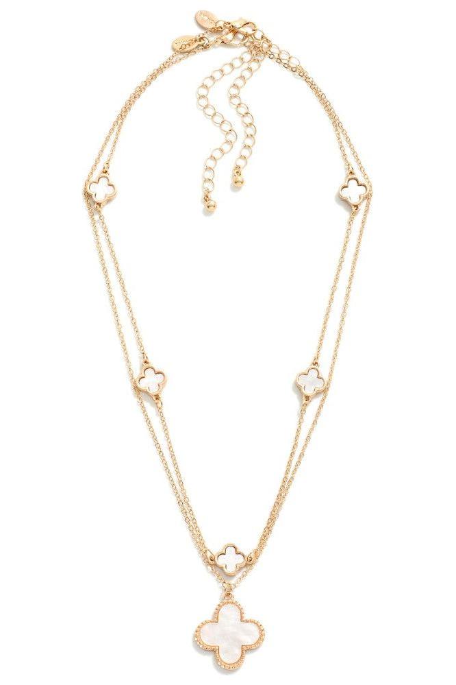 Dainty Gold Chain Link Necklace with Metal Tone Pearlescent Clovers Stations and Clover Pendant