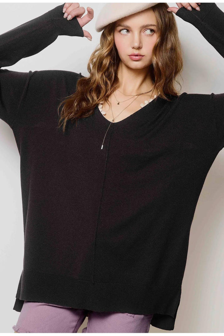 La Miel V-neck Soft Stretchy Long Sleeve Knit Sweater Top