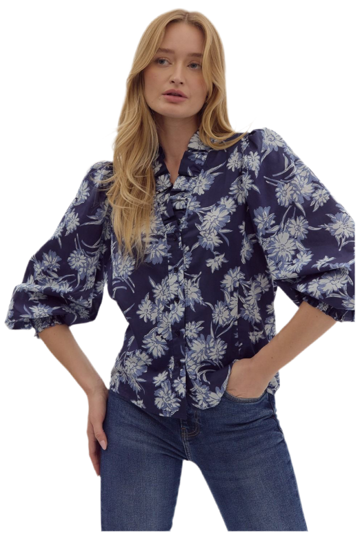 Navy Floral Print Poplin Top