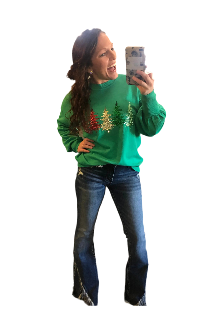 Vine & Love Green Soft Sequined Christmas Tree Sweater