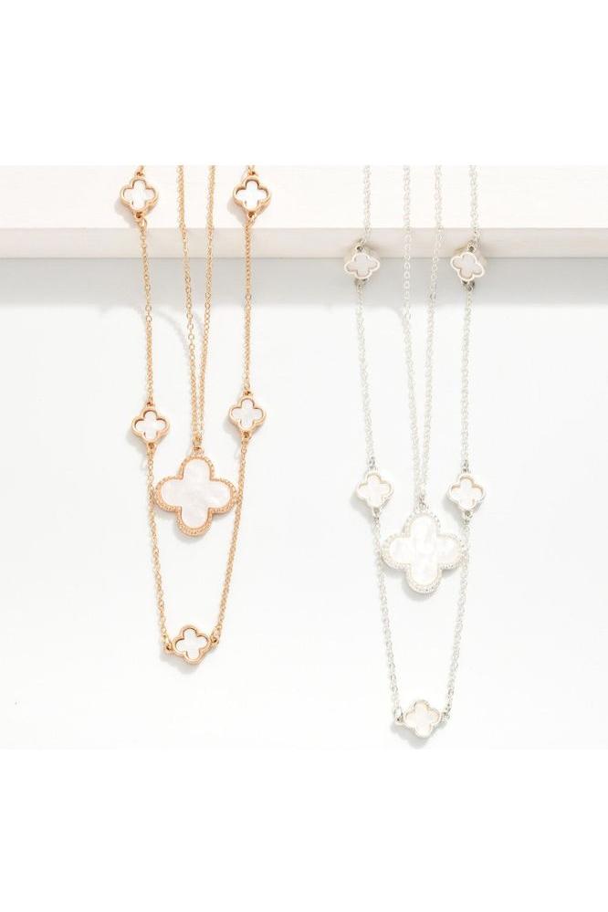 Dainty Gold Chain Link Necklace with Metal Tone Pearlescent Clovers Stations and Clover Pendant