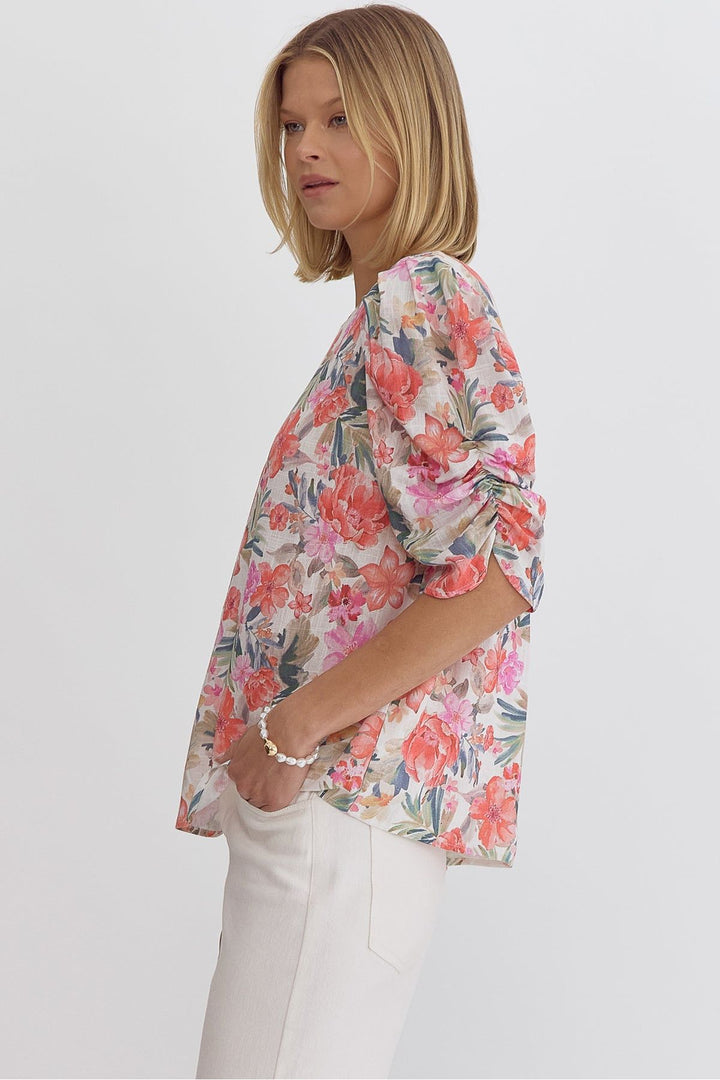 Floral Pattern Multicolored Puff Sleeve Top