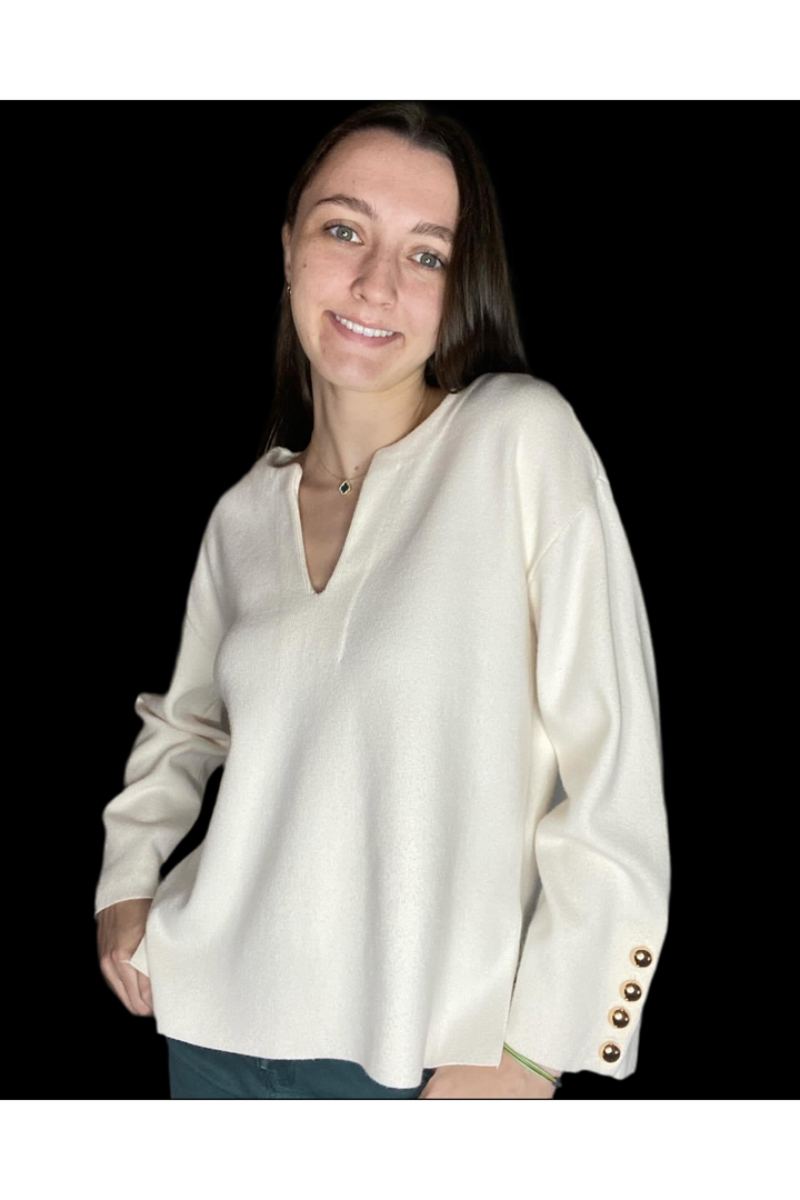 Cream Split Neck Long Sleeve Sweater