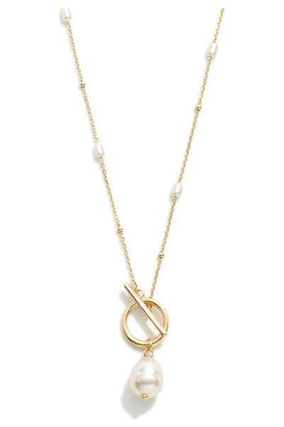 Dainty Gold Chain Link Necklace with Pearl Stations and Toggle Clasp and  Pearl Pendant