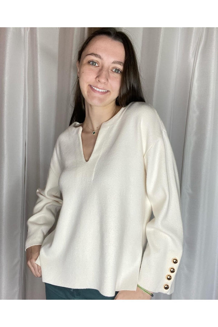 Cream Split Neck Long Sleeve Sweater