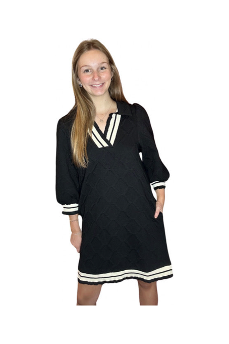 Black 3/4 Length Puff Sleeve V-neck Mini Dress