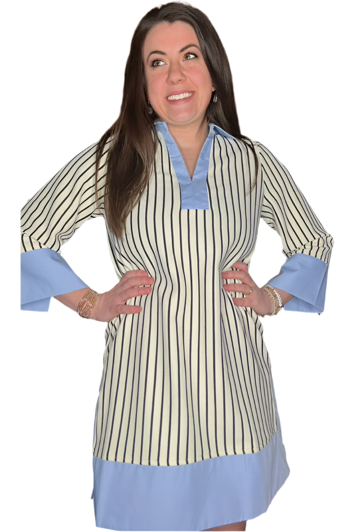 Entro Striped 3/4 Length Sleeve A-line Dress