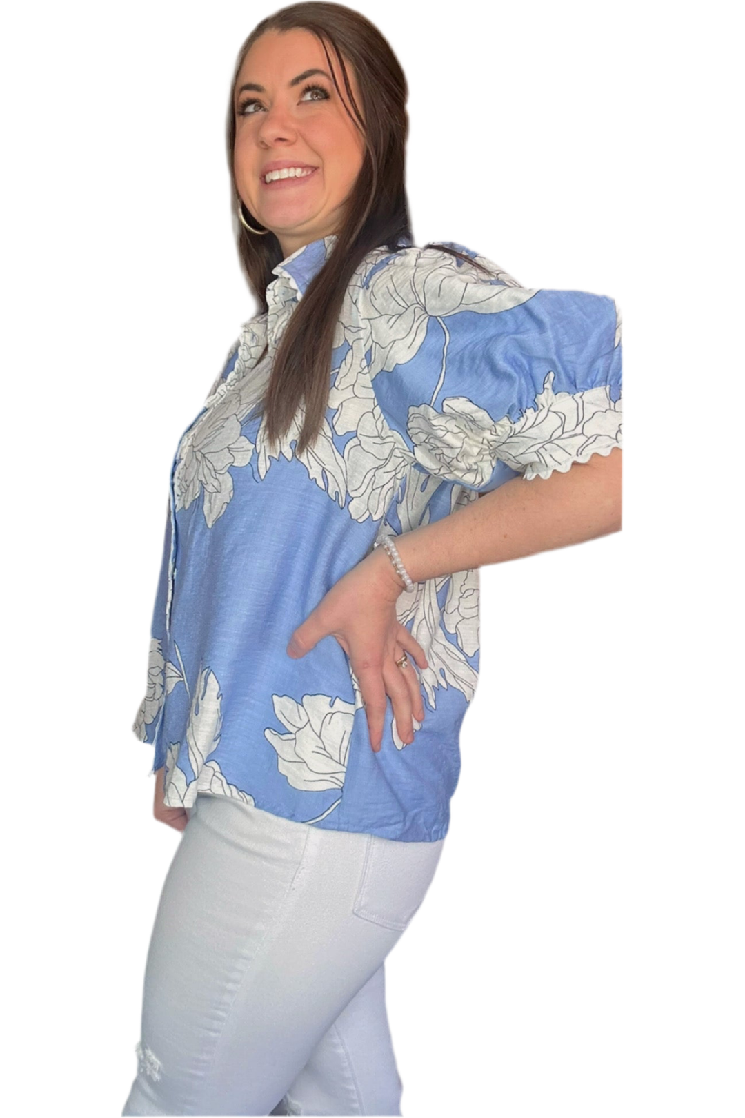 Entro Blue and White Patterned Short Sleeve Top