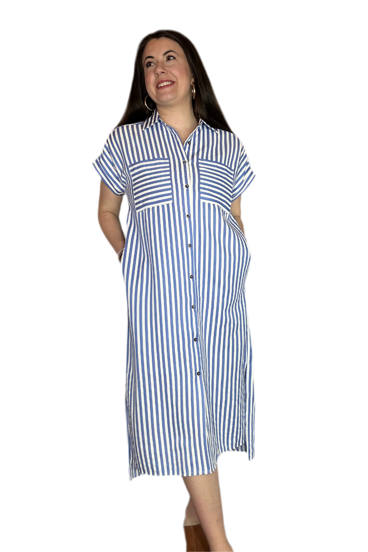 Entro Cream and Blue Striped Midi Dress