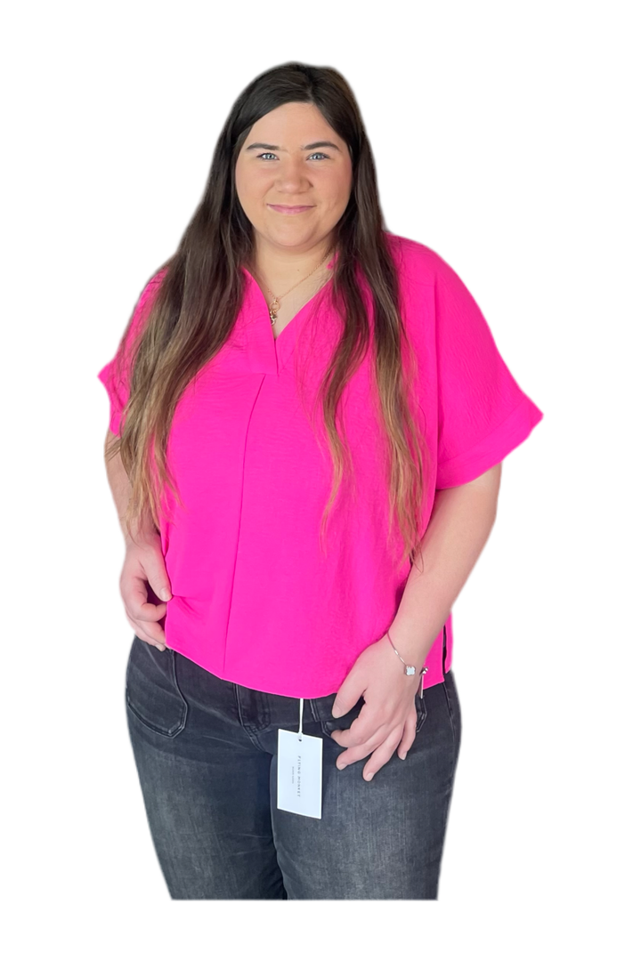 Jodifl Hot Pink or Sky Blue V-neck Cap Sleeve Boxy Top