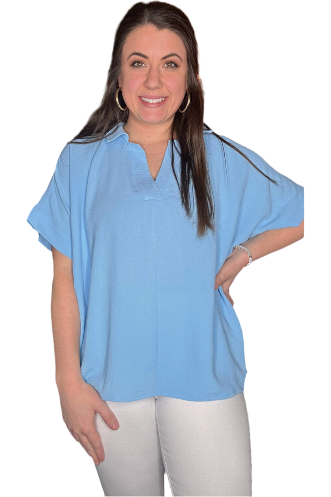 Jodifl Hot Pink or Sky Blue V-neck Cap Sleeve Boxy Top