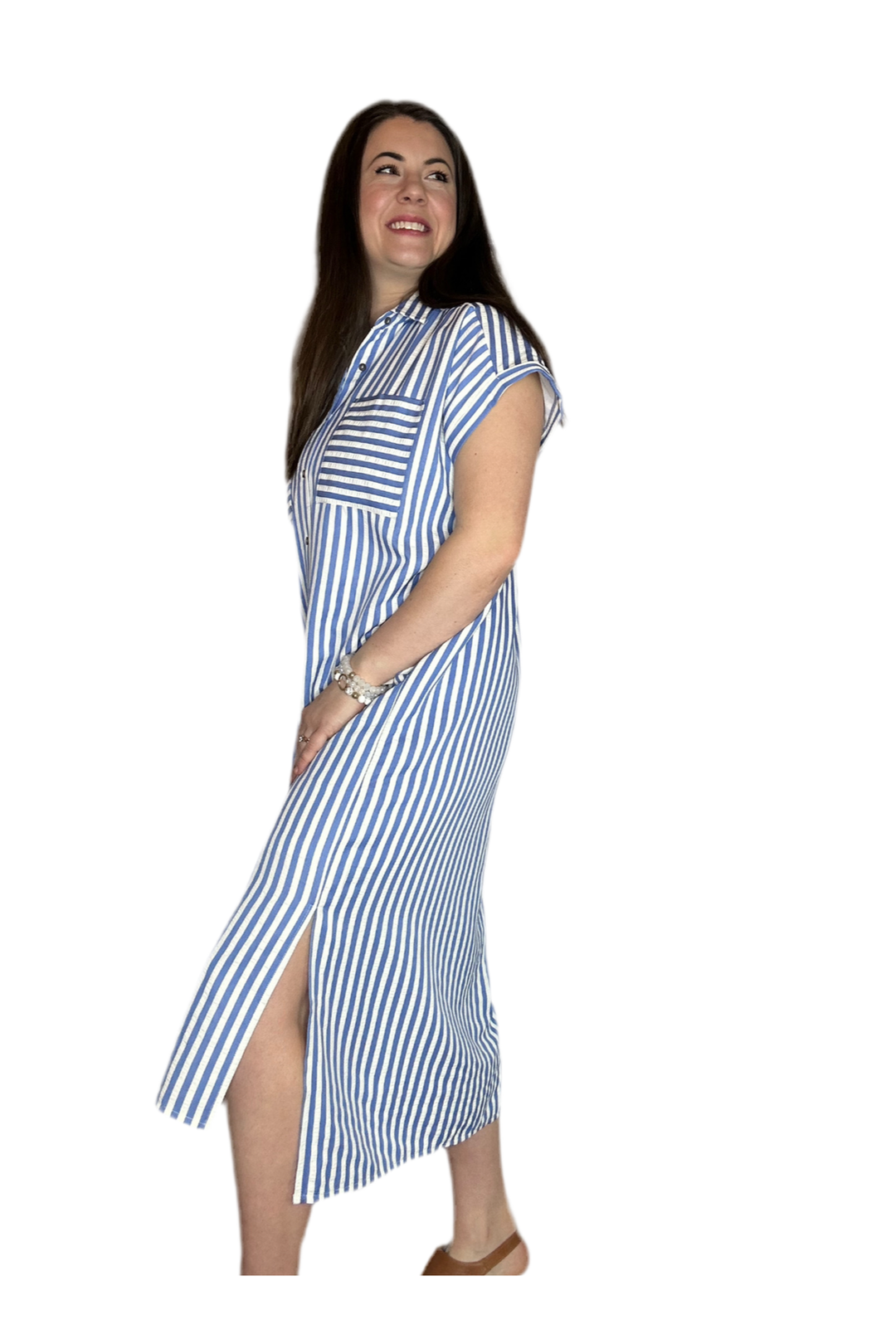 Entro Cream and Blue Striped Midi Dress