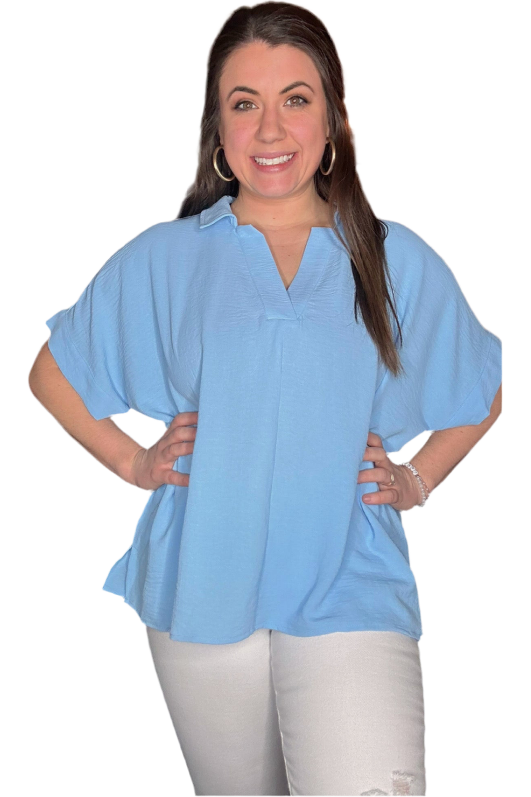 Jodifl Hot Pink or Sky Blue V-neck Cap Sleeve Boxy Top