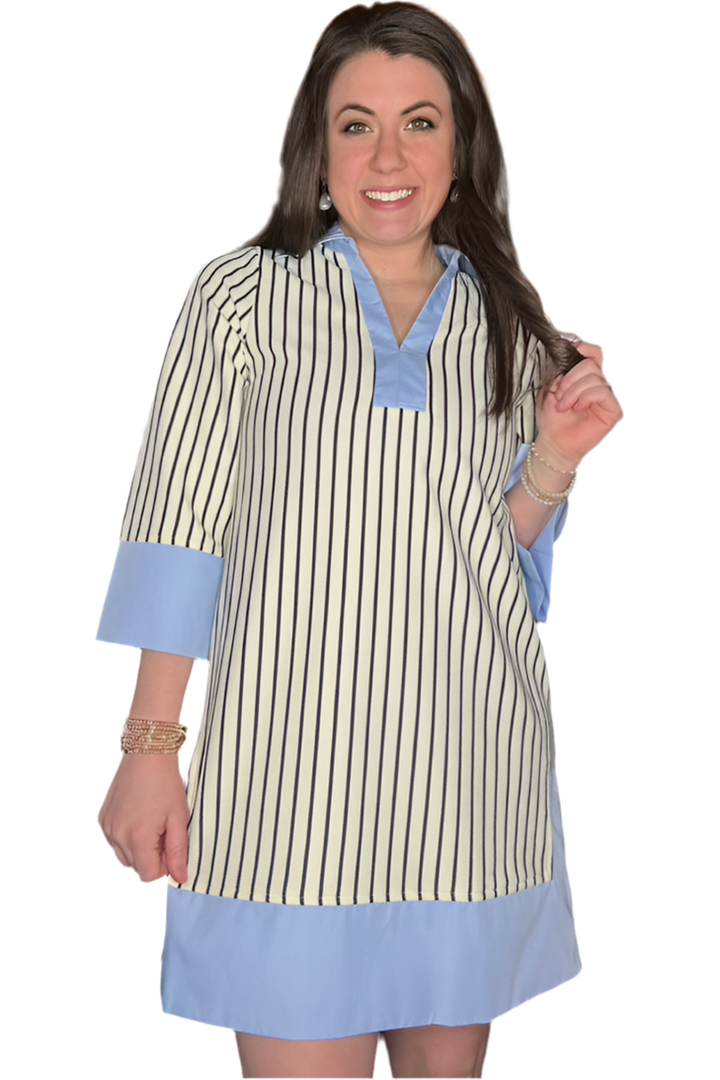 Entro Striped 3/4 Length Sleeve A-line Dress