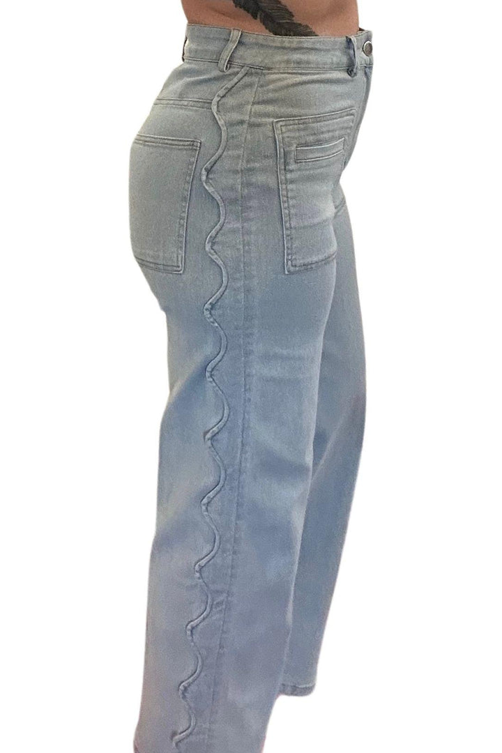 Entro Denim Pants with Patch Pockets and Scalloped Trim