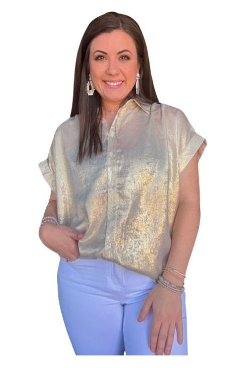 Jodifl Pearl Metallic Collared Button Up Top