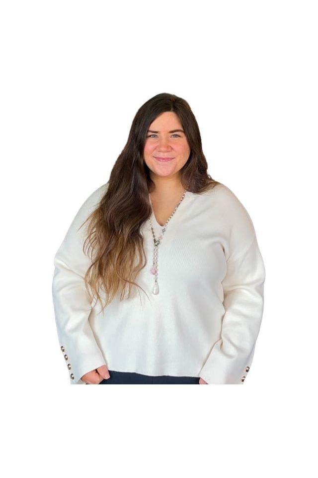 Cream Split Neck Long Sleeve Sweater