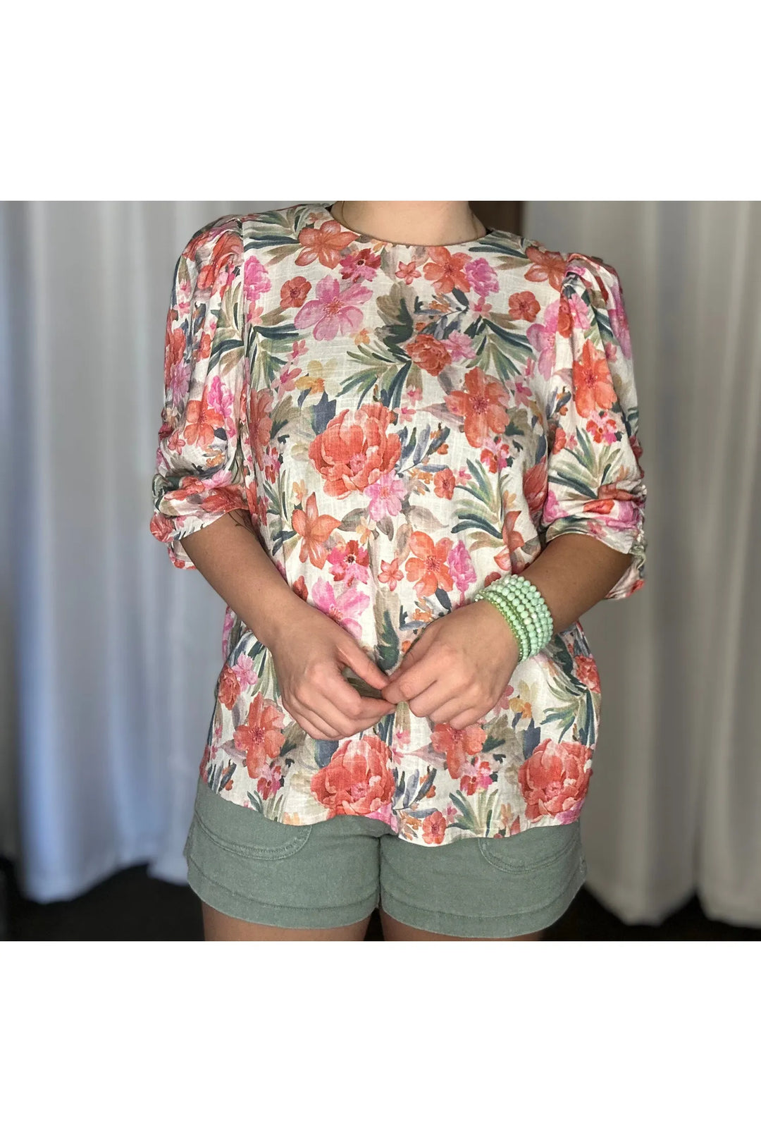 Floral Pattern Multicolored Puff Sleeve Top