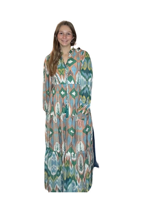 Green Mix Geometric Pattern Maxi Dress