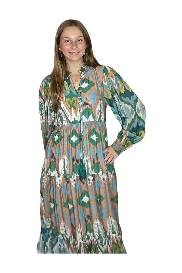 Green Mix Geometric Pattern Maxi Dress