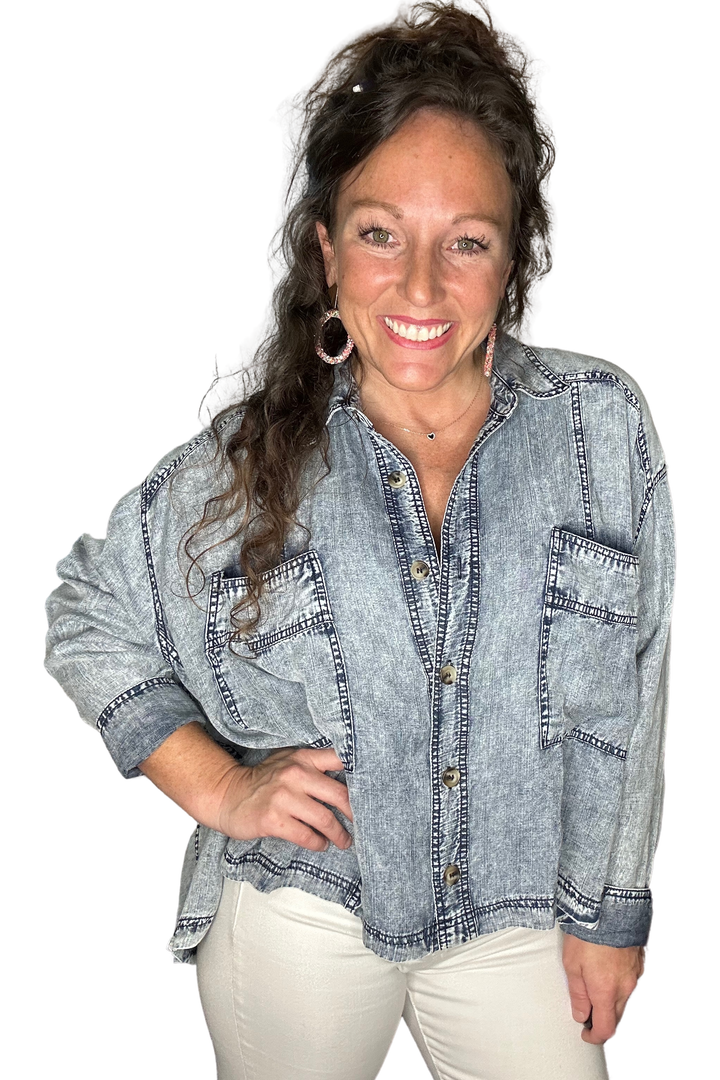 Snow Washed Denim Button Down Jacket