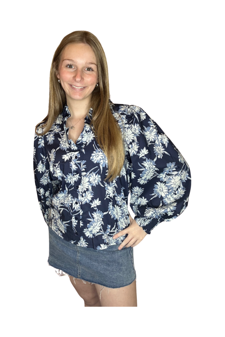 Navy Floral Print Poplin Top