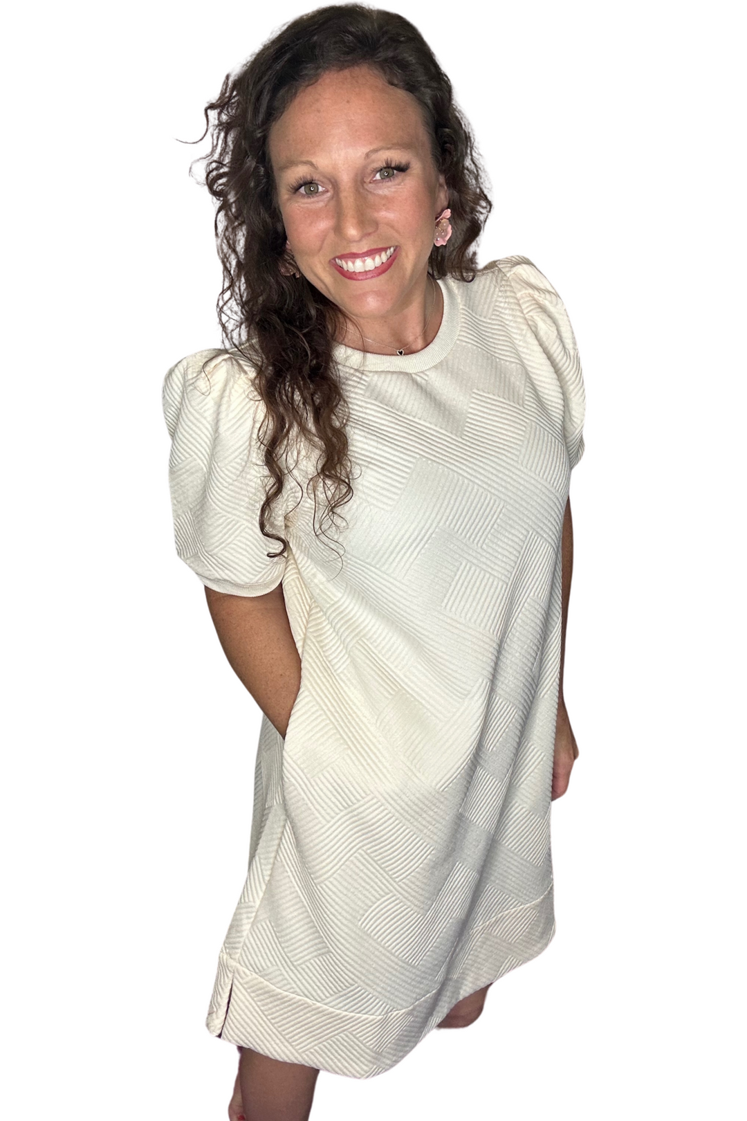 Jodifl - Ivory Textured Short Tucked Sleeve Dress - Vintage Dragonfly Boutique