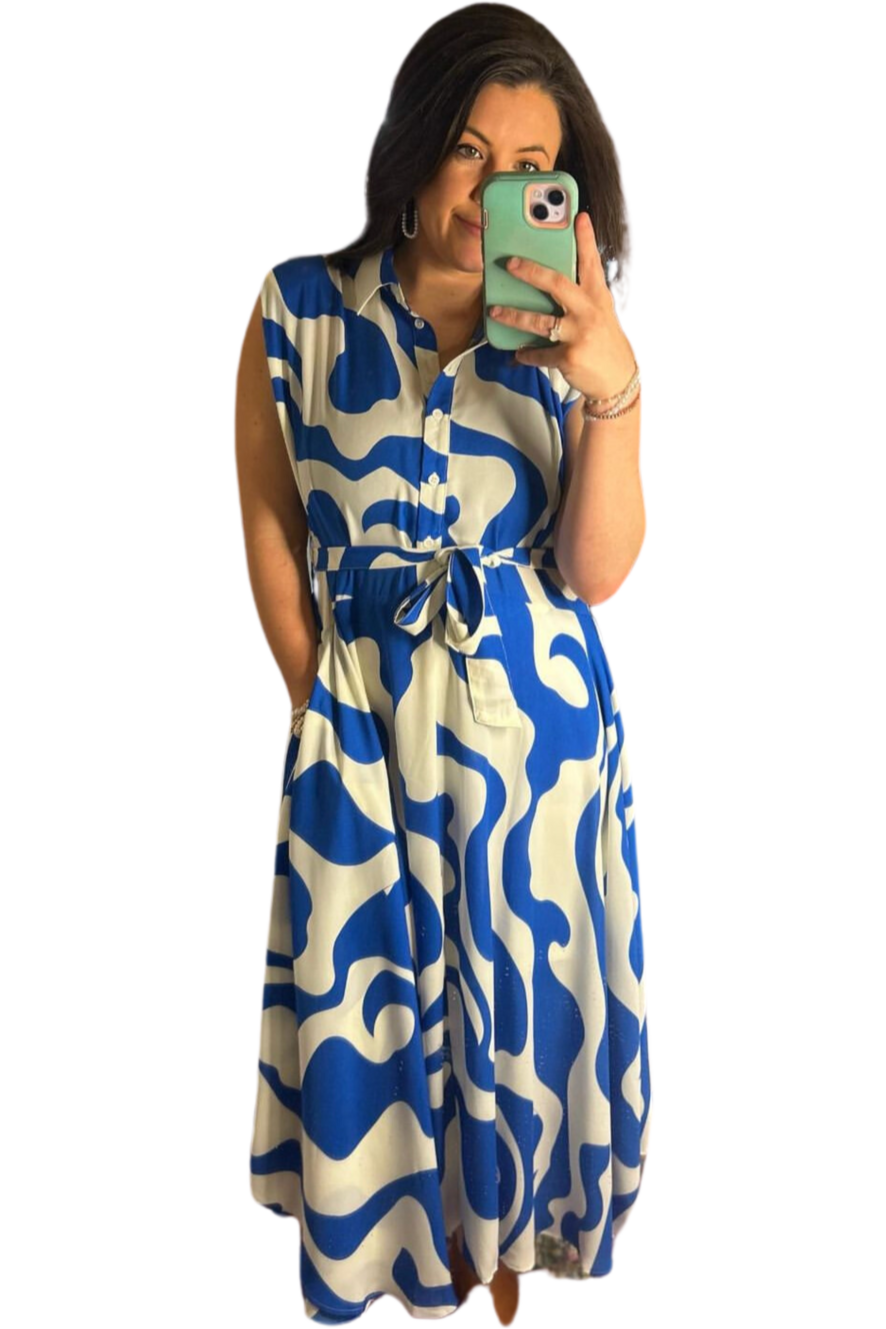 Blue and White Swirl Pattern Button Front Sleeveless Dress - Vintage Dragonfly Boutique
